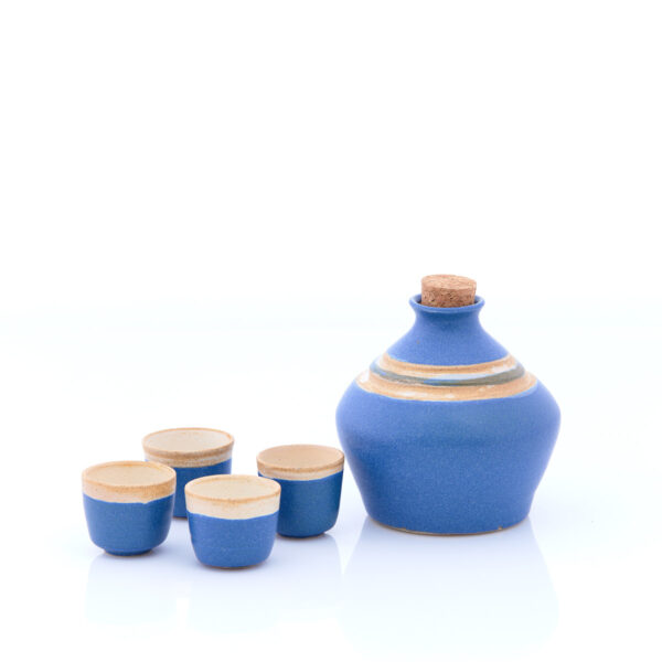 ceramic carafe set with shotglasses in blue shades