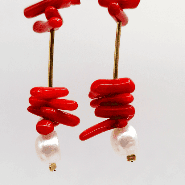 long pendant earrings with freshwater pearls & coral