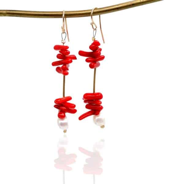 long pendant earrings with freshwater pearls & coral