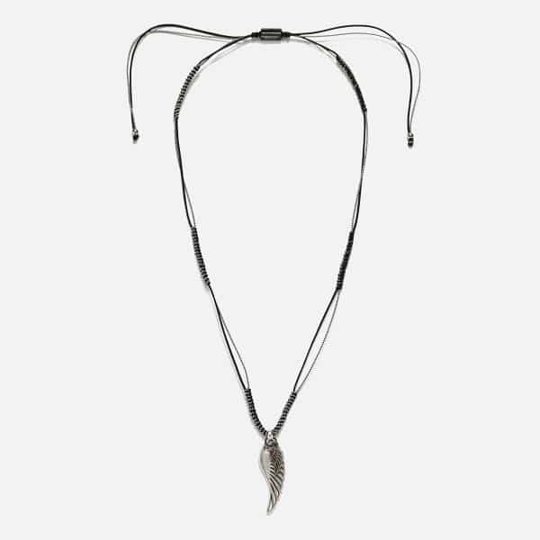 men's handmade black necklace with metal feathers