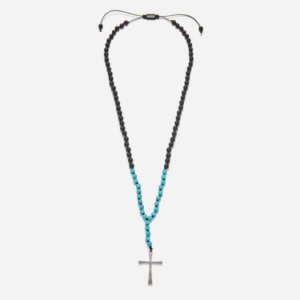 men's handmade rosary necklace with turquoise haolite tag
