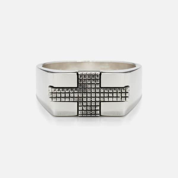silver handmade men's ring with checkered cross