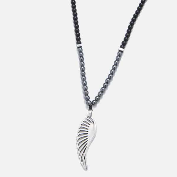 men's handmade feather necklace with black matte onyx and hematite