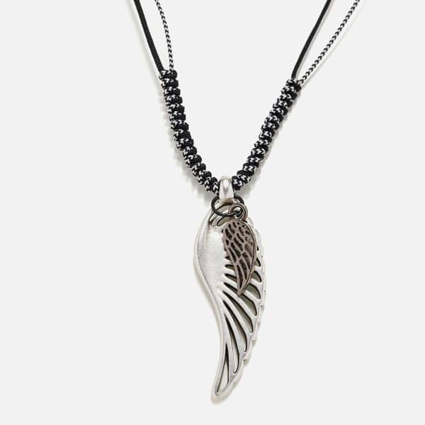 men's handmade black necklace with metal feathers