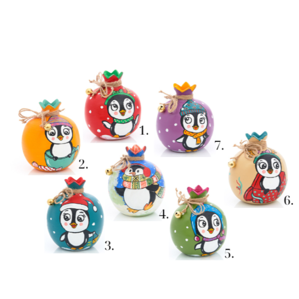 handmade ceramic pomegranates with a penguin theme