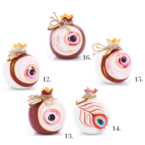handmade ceramic pomegranates with the theme of the εvil eye