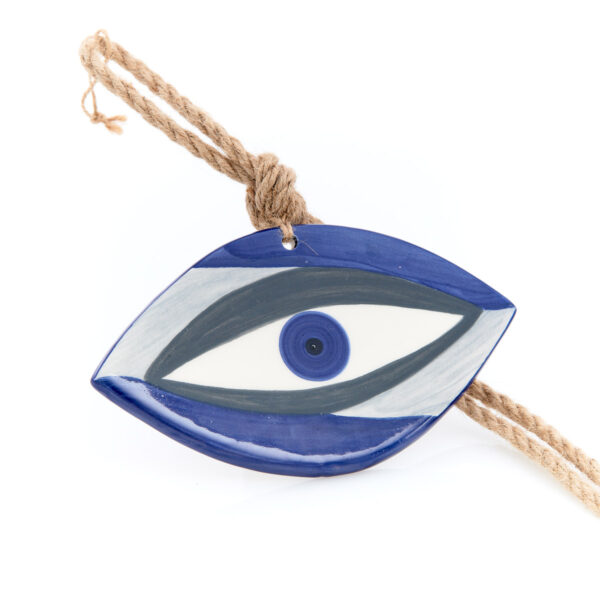 handmade pendant ceramic eye in dark blue-grey shades