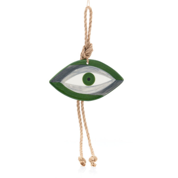handmade hanging ceramic eye in green-grey shades