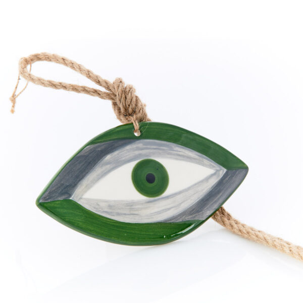 handmade hanging ceramic eye in green-grey shades