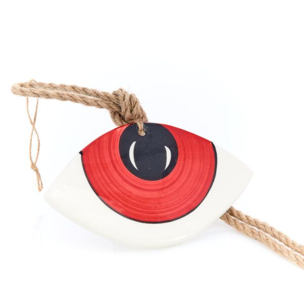 handmade hanging ceramic eye in red-black shades