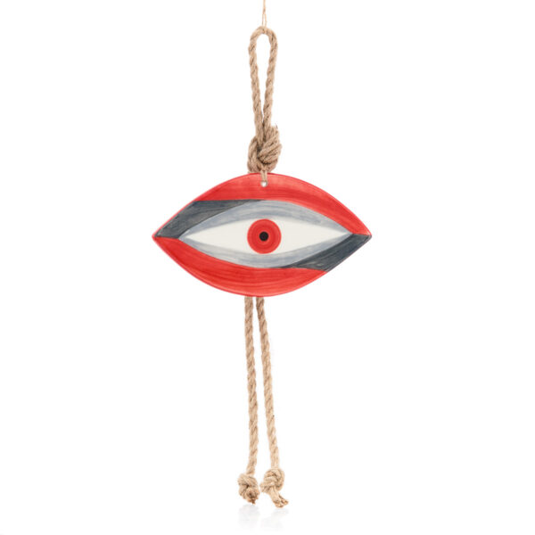 handmade hanging ceramic eye in red-grey shades
