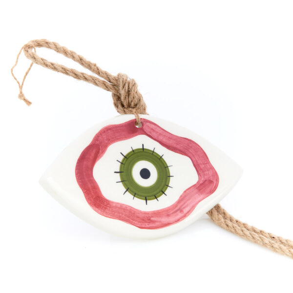 handmade hanging ceramic eye in red-vegetable shades