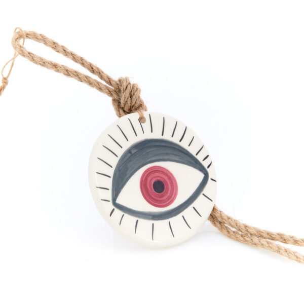 handmade hanging ceramic eye in gray-red shades