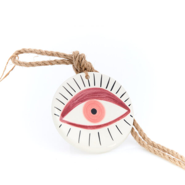 handmade hanging ceramic eye in red shades round