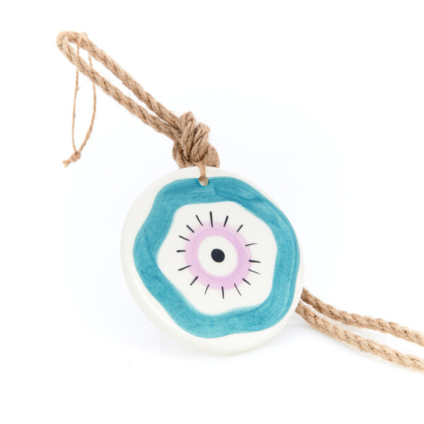 handmade pendant ceramic eye in blue-lilac shades round