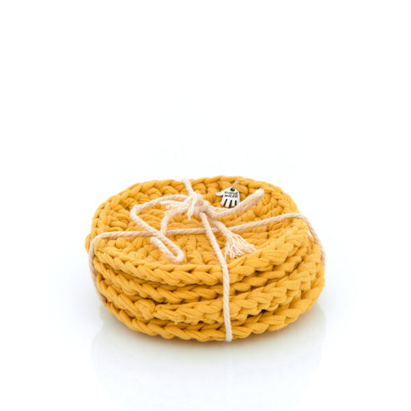 handmade set of 4 knitted coasters yellow